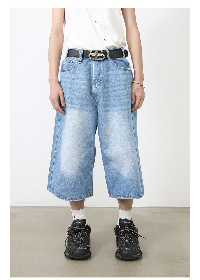Quần short jean nữ ống rộng lửng cá tính phong cách đường phố — Làm cũ, Màu trắng, Rằn ri, Xanh lam cổ điển chi tiết 6