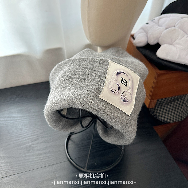 多色新款耳机贴布针织帽秋冬保暖日常百搭大头围宽松堆堆帽冷帽女|undefined