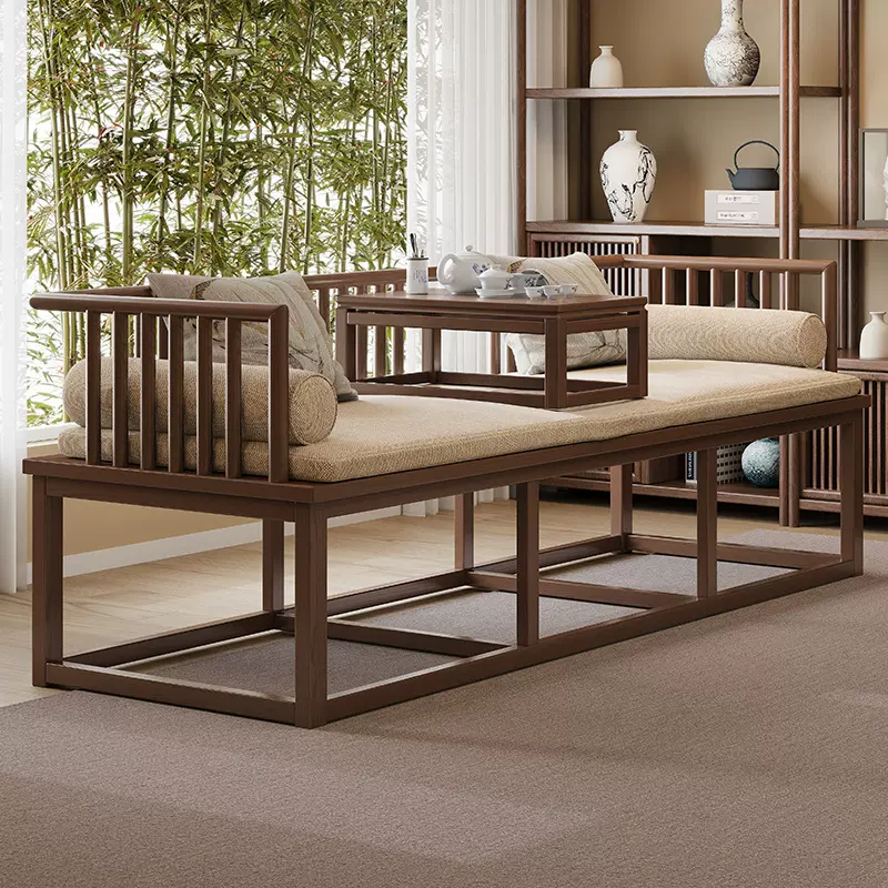 宋代美学实木罗汉床新中式禅意卡座客厅贵妃榻茶室木头双人沙发椅