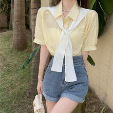 夏季新款韩版假两件披肩衬衣设计感条纹宽松翻领短袖衬衫上衣女