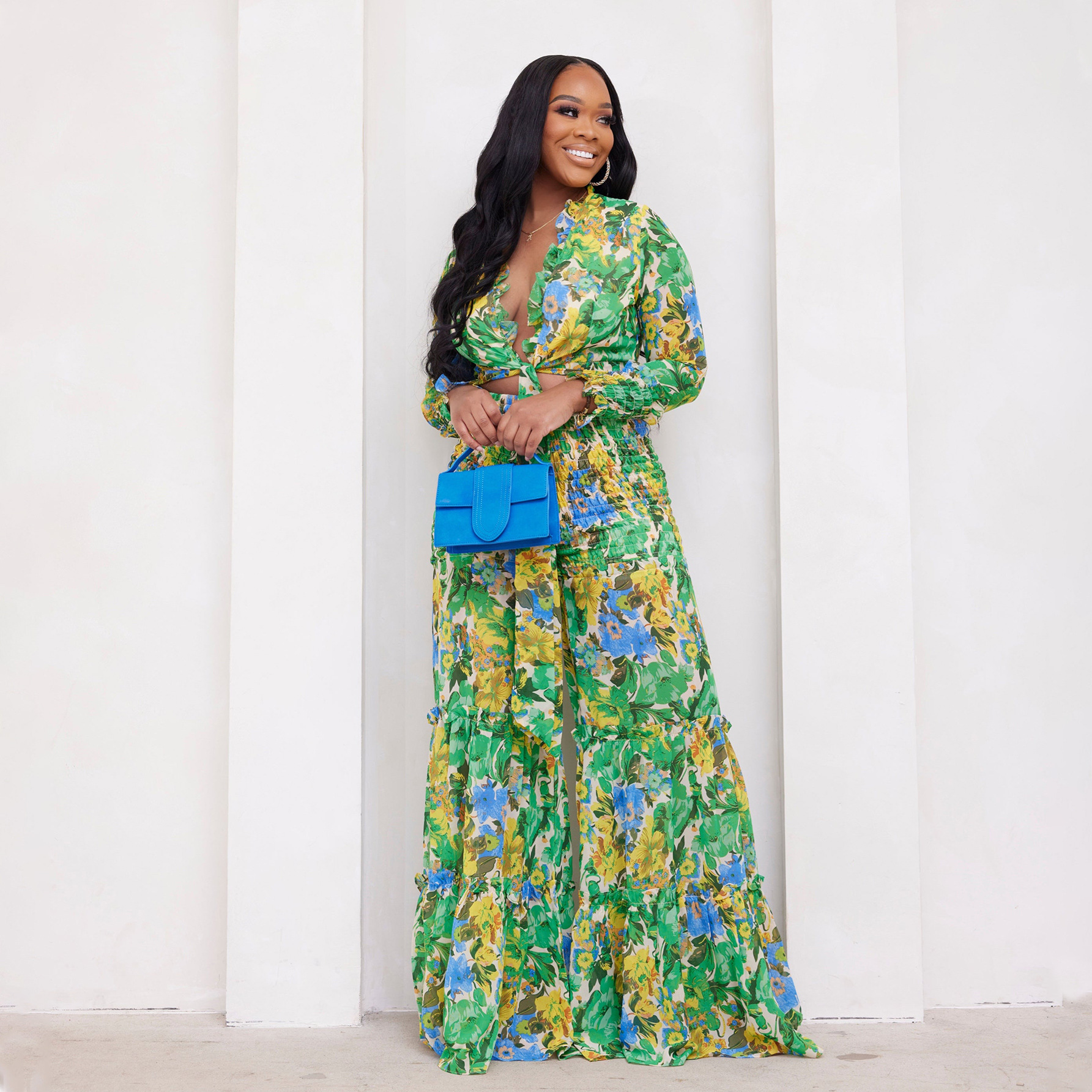 Women's Clothing fashion contrast color printed chiffon long sleeved lace up flared pants two piece suit _voghion.com