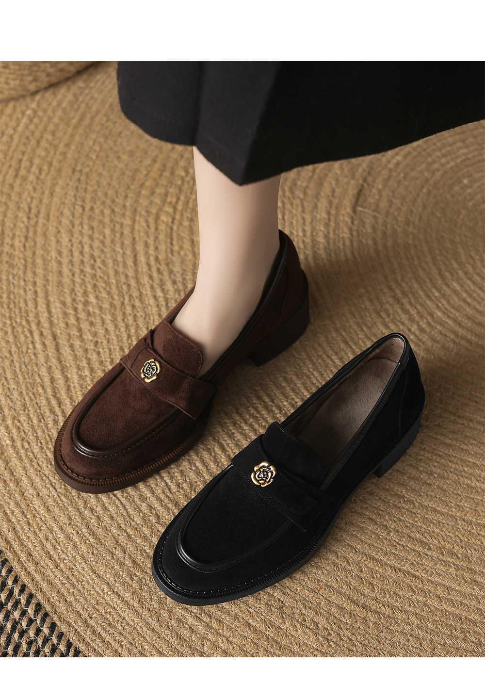 Giày lười nữ da lộn cừu miệng sâu lót nhung gót vuông thấp — Màu nâu [lót nhung] chi tiết 1