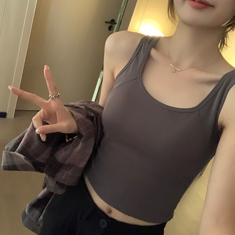 美背キャミソール女性の胸パッド一体式固定カップ夏の薄い純色のノースリーブ上着女性|undefined
