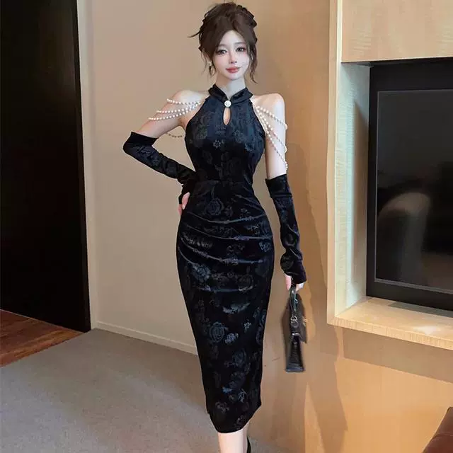 Улучшенная версия бархатной юбки Cheongsam, облегающей бедра, на весну, осень и зиму, платье в стиле ретро с утягивающей талией + цепочка + рукава