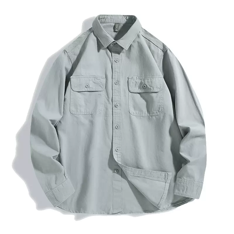 跨境长袖衬衫男士秋季新品纯色大码男衬衫宽松打底衫纯棉衬衫男装