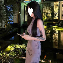 紫丁香新中式印花镂空改良旗袍裙女复古温柔风设计感小众开叉裙