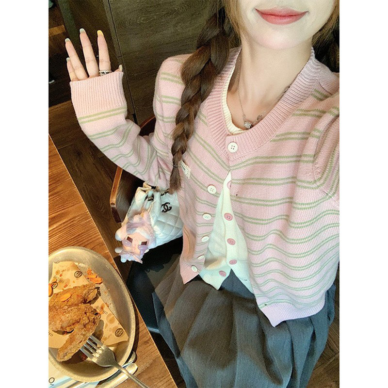 曾小咸韩系粉色条纹假两件针织开衫女秋冬毛衣外套早秋穿搭衣开衫|undefined