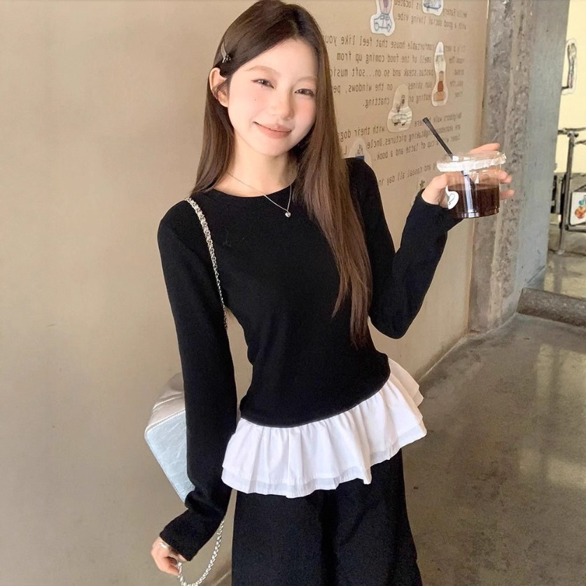 Cross-Border Color-Blocking Faux Two-Piece Lace Long-Sleeve Women's Autumn Design Slim-Fit Round-Neck Base Top Women's T-Shirt Trendy