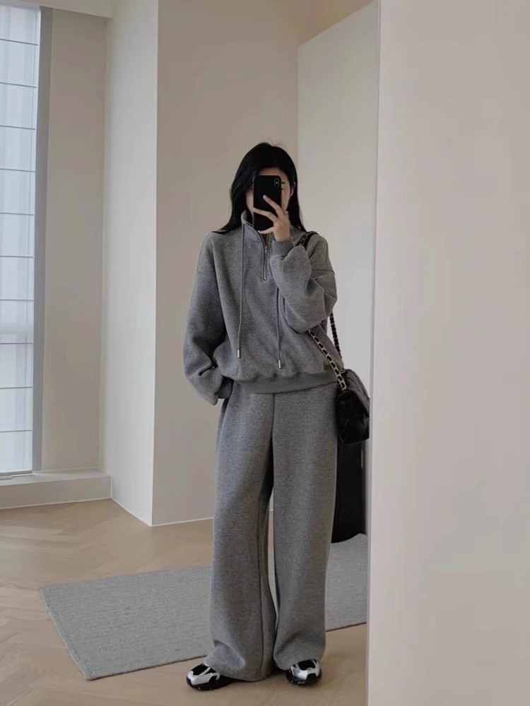 Tuta sportiva casual in cashmere ActiveGo Lazy Style per donna, felpa con collo alto e gamba larga, foderata in pile, calda per autunno e inverno_voghion.com