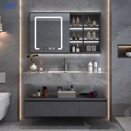deq现代时尚洗手台盆厕所镜子小户型岩板无缝洗脸盆柜组合厕所洗