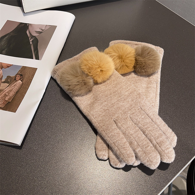 Gants en laine à cinq doigts pour femmes en laine à boules de poils, nouveaux modèles d'automne et d'hiver en cachemire à écran tactile, empilés et épaissis_voghion.com