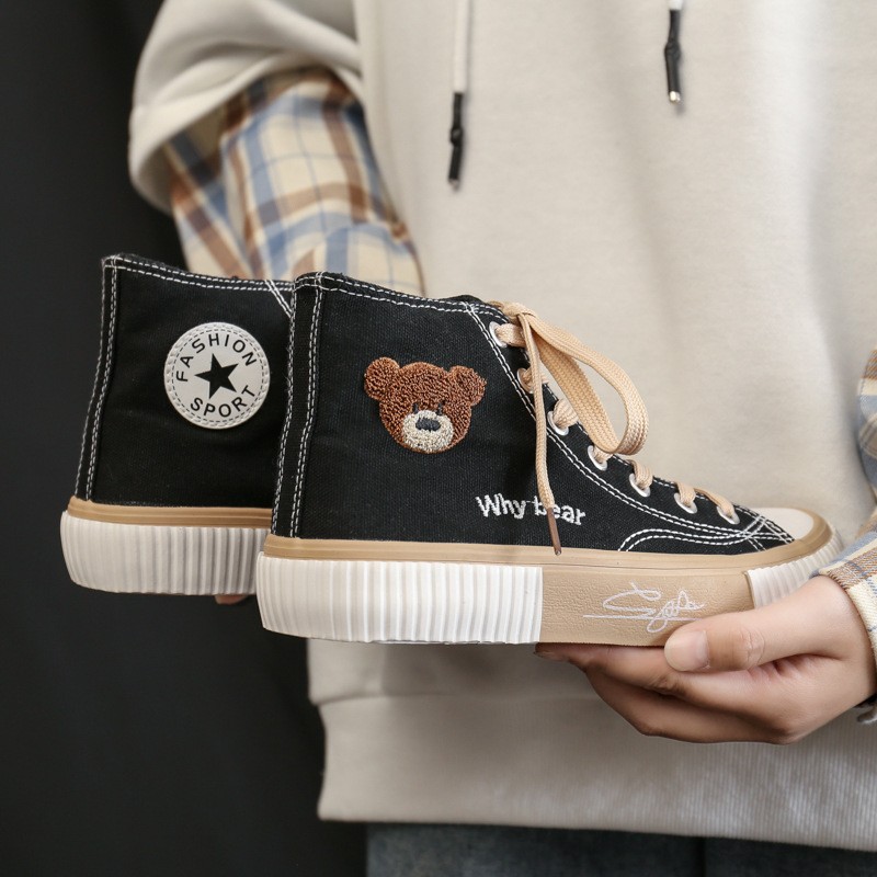 Zapatillas de lona de caña alta estilo coreano con diseño de oso para estudiantes, calzado vulcanizado casual, zapatillas individuales, zapatillas blancas para mujer G61