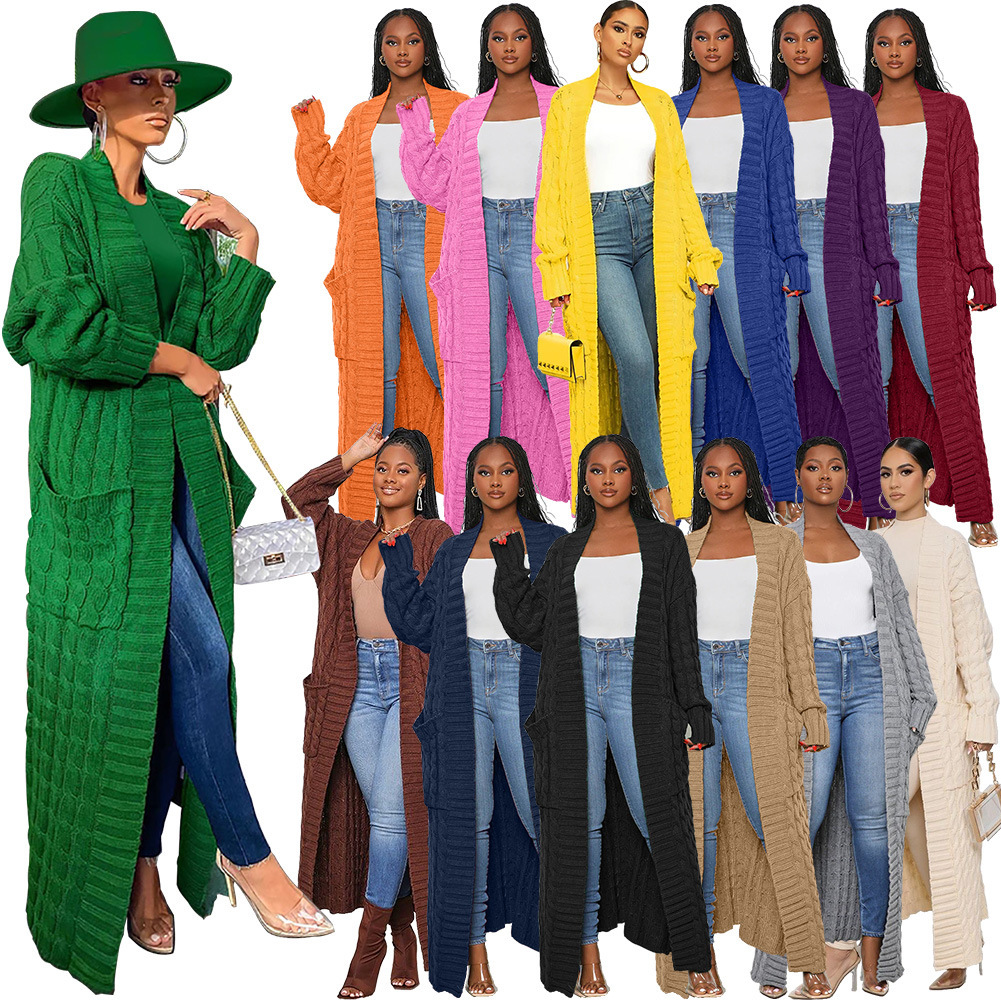 European and American style women's autumn and winter new loose knitted cardigan, lazy style, long cable knit sweater coat with pockets