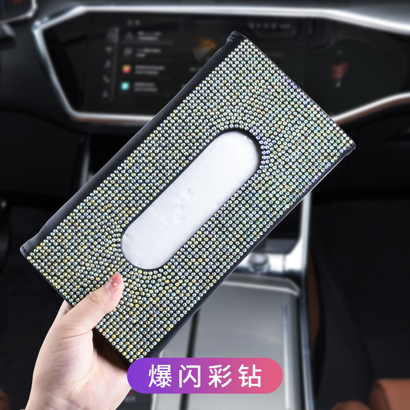 Caja de pañuelos de visera de coche asiento trasero de cuero clip de tejido incrustado de diamantes de imitación de mujer de moda creativa caja de pañuelos de coche image 9