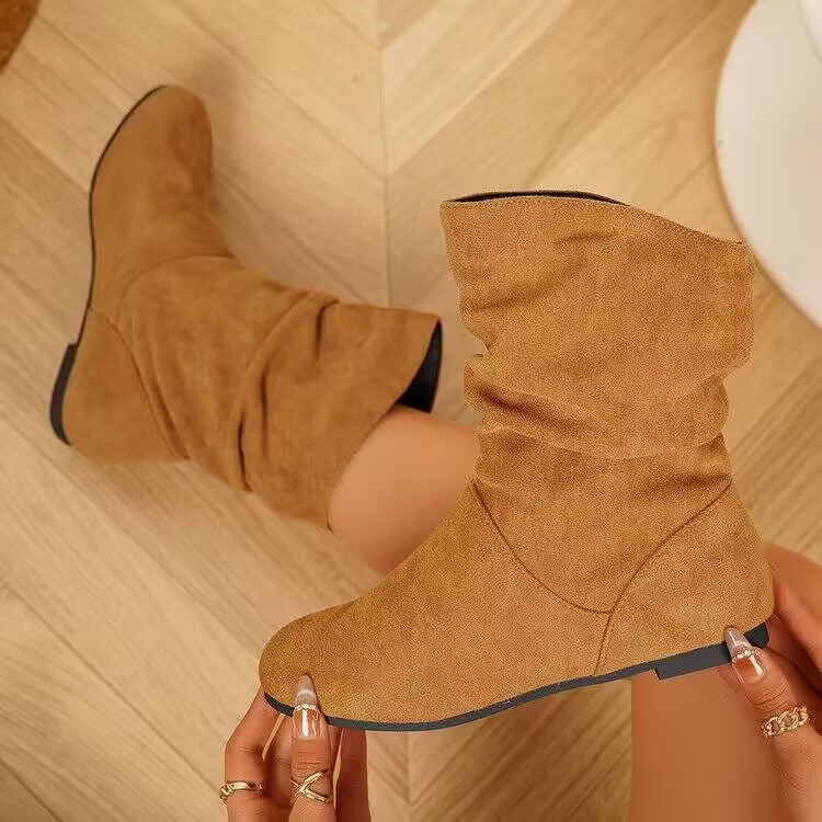 Women's Pleated Slouch Boots Round Toe Suede Mid Calf Retro Style Plus Size Winter_voghion.com
