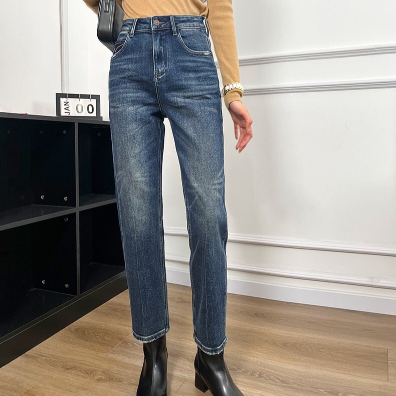 Zhizhi 2026 Retro Style High-Quality Baguette Pants High-Waisted Washed Dark Green Slimming Straight-Leg Jeans for Women Fashionable