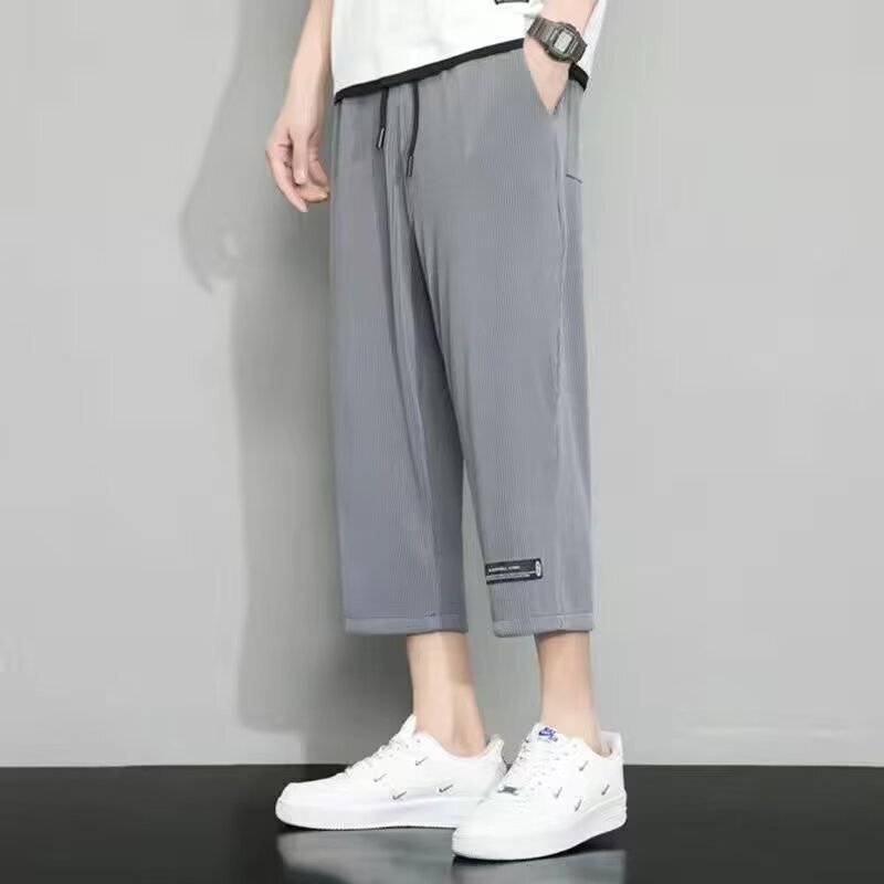 2026 Ice Silk Cropped Pants for Men, New Summer Style, Trendy Loose-Fitting Sports Casual Pants, Wholesale in Stock