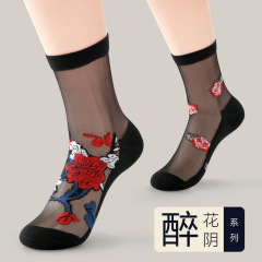 Summer thin crystal stockings with floral patterns, black for women, ice silk glass stockings, factory wholesale