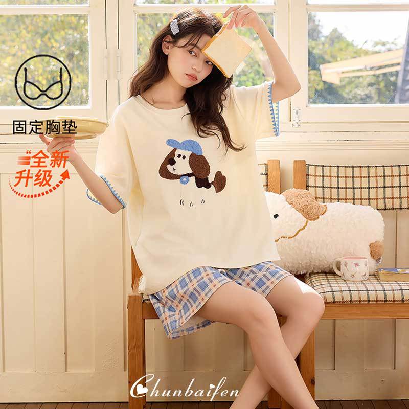 睡衣女带胸垫短袖短裤夏季薄款纯棉卡通少女可外穿夏天家居服套装