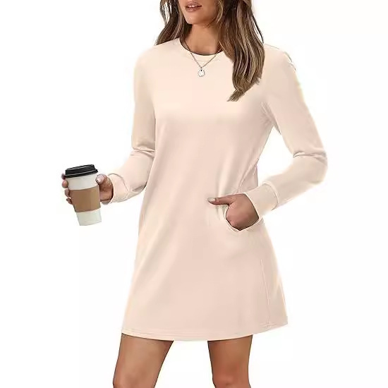 2025 ヨーロッパとアメリカの貿易クロスボーダー婦人服アマゾン爆発ラウンドネックバックプリーツポケット長袖スウェットシャツドレス|undefined