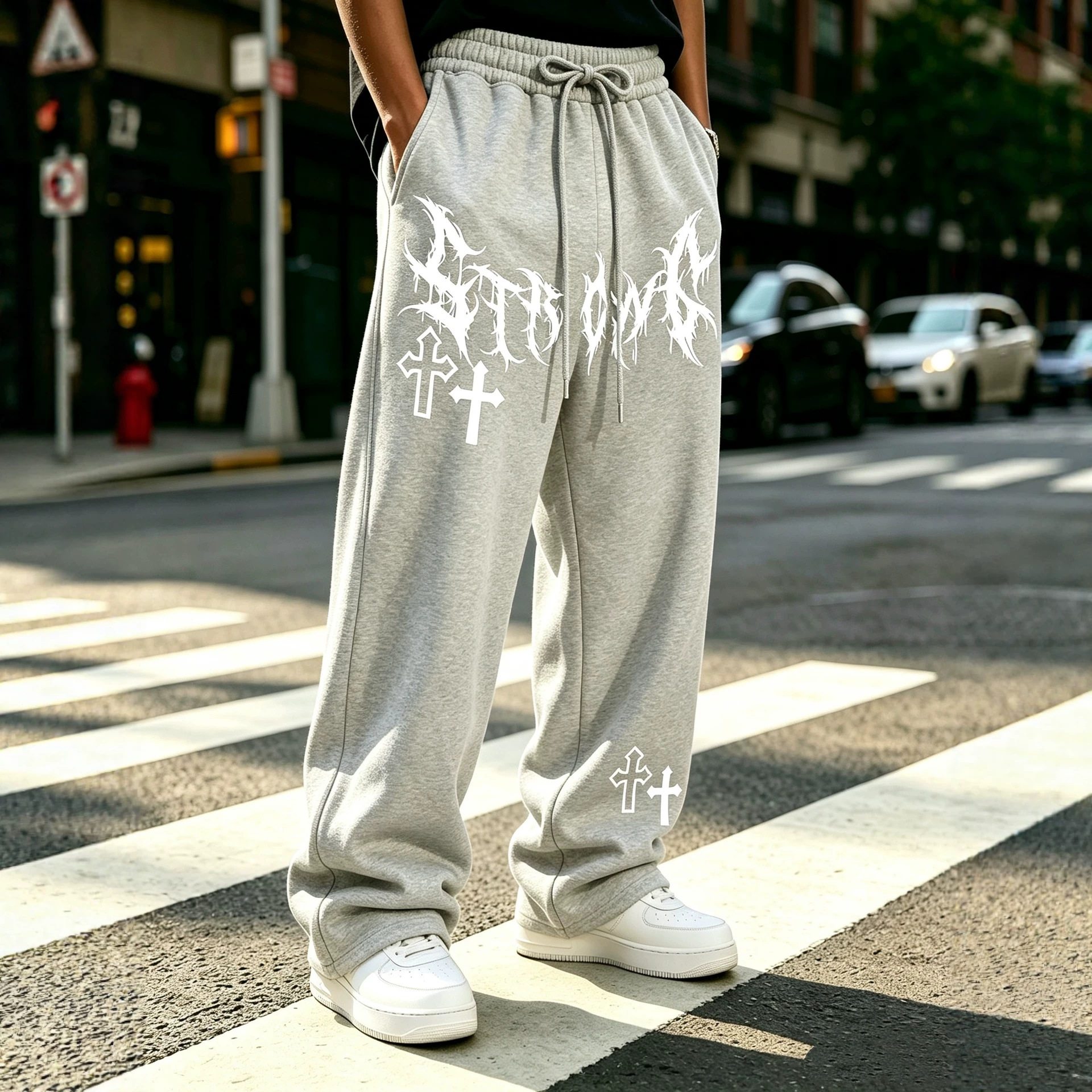 New American-style wide-leg casual pants, men's loose-fitting drawstring sweatpants, fleece-lined, trendy, versatile, and long pants