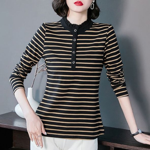 Classic Striped Long-Sleeve Women's T-Shirt for Spring and Autumn, Slimming Plus-Size Outerwear T-Shirt for Ladies' Underwear