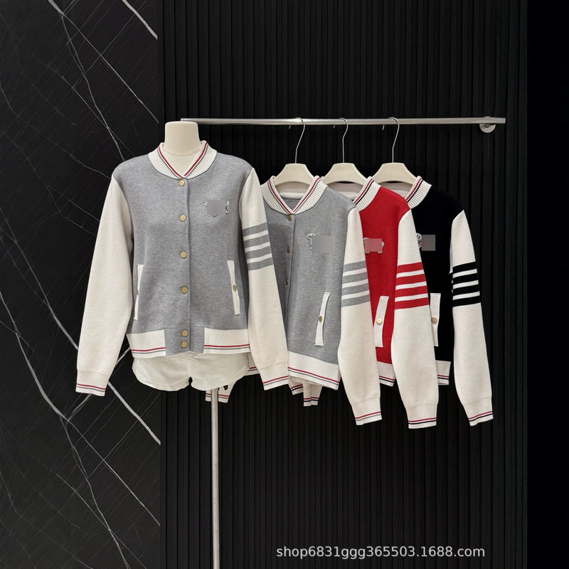 Two-tone knitted baseball jacket for women, college style, with puppy embroidery, cardigan sweater jacket for spring and autumn