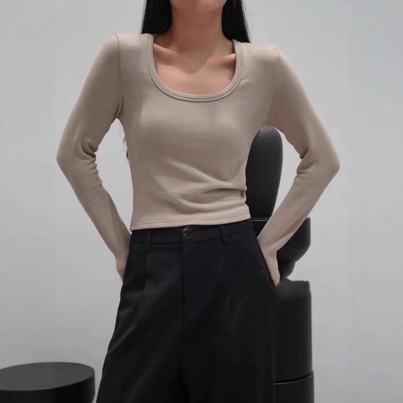 方领长袖t恤女2025秋季修身显瘦百搭短款上衣基础内搭打底衫|undefined