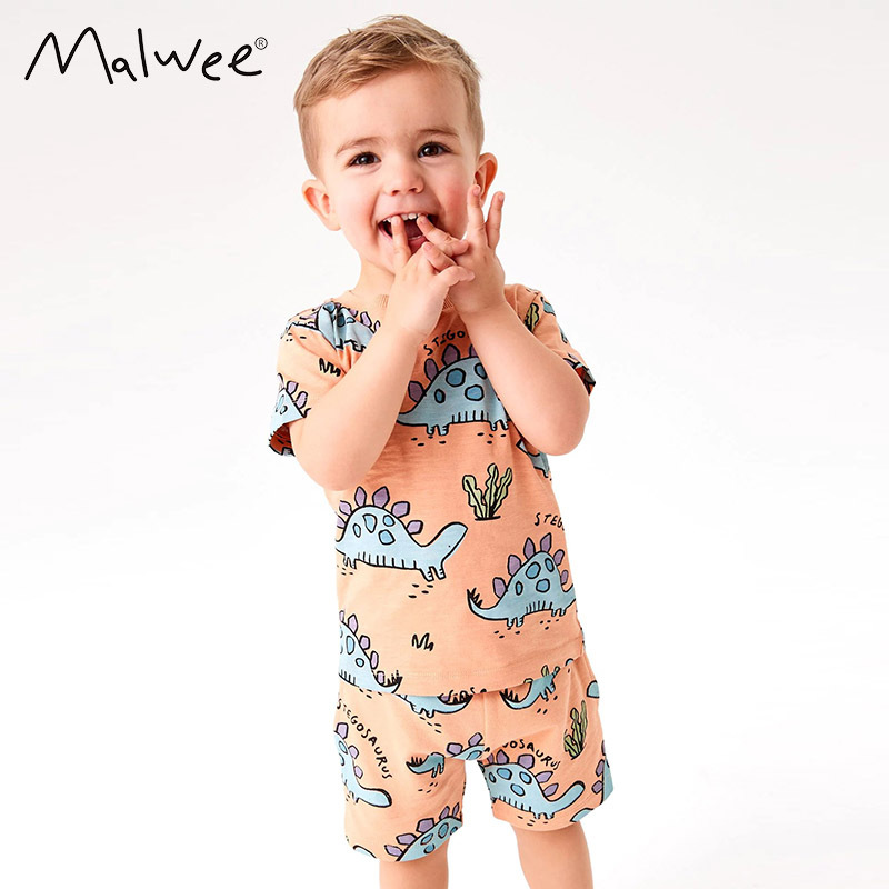 Malwee ropa para niños de verano nuevo estilo europeo y americano para niños pequeños y medianos cuello redondo casual mangas cortas pantalones de cintura elásticos set para niños