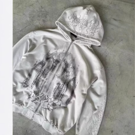 复古春秋美学印花哥特式时尚拉链连帽衫嘻哈运动服休闲装Y2K卫衣