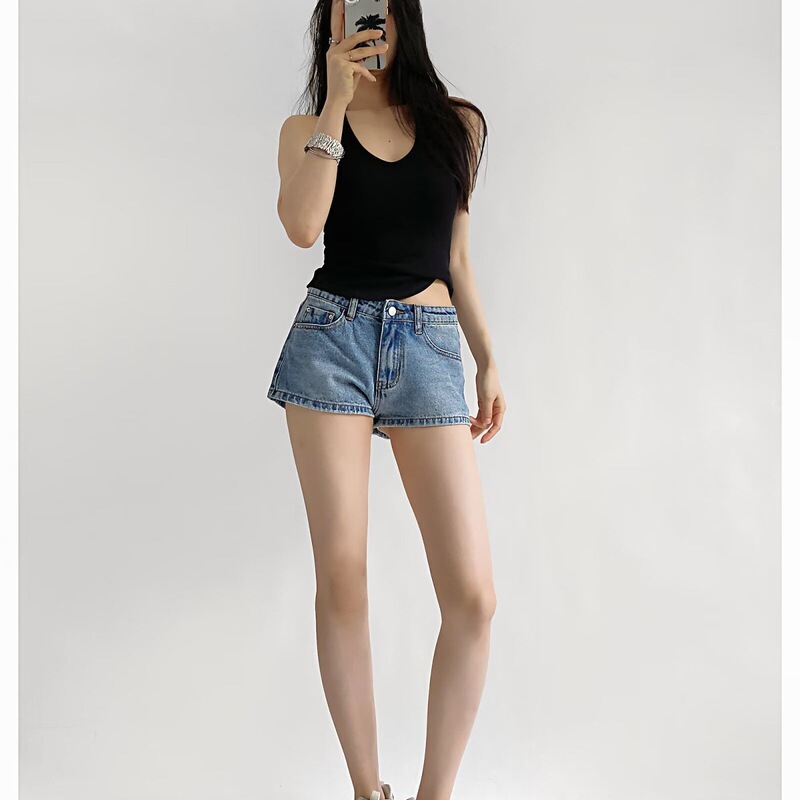 Factory Issued Mid-Low Waist Mini Denim Shorts for Women in Summer, Slimming Hot Girls, Long Legs, Wide Leg Hot Pants