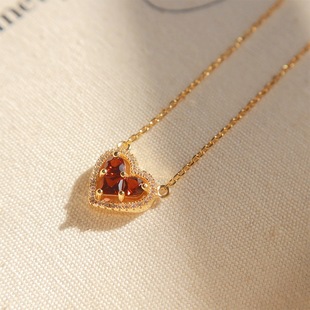 S925 Sterling Silver Plated 18K Gold Love Garnet Red Zircon Pendant Necklace High Sense Light Luxury Niche Female