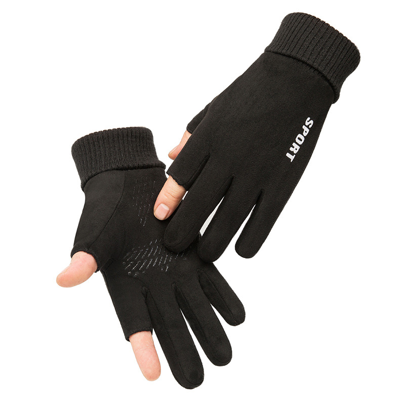 Guantes de gamuza de invierno deportes equitación motocicleta medio dedo forrado de lana engrosada fuga de dos dedos guantes calientes de los hombres al por mayor