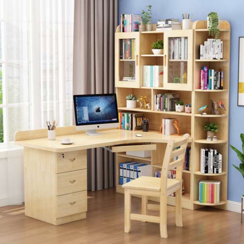 实木转角书桌书柜一体组合柜电脑桌台式家用儿童写字台落地学习桌