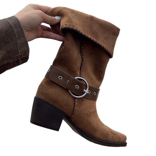 New Retro Thick Western Block Heels Wide Leg Mid-Calf Boots pointed toe leather strap buckle trendy faux leather knight boots