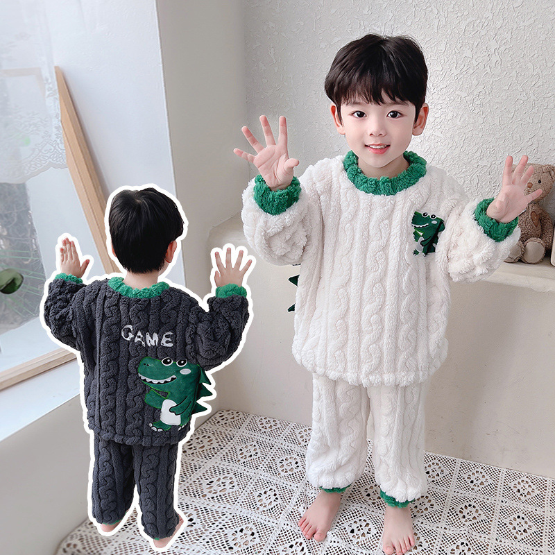 공룡 소년 잠옷 플란넬 가을과 겨울 키즈 소년  산호 양털 어린이 두꺼운 홈 옷 세트
