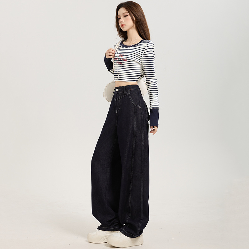 稚橘#侧缝拉高设计高级感阔腿牛仔裤女宽松显瘦时尚百搭弯刀裤潮|undefined