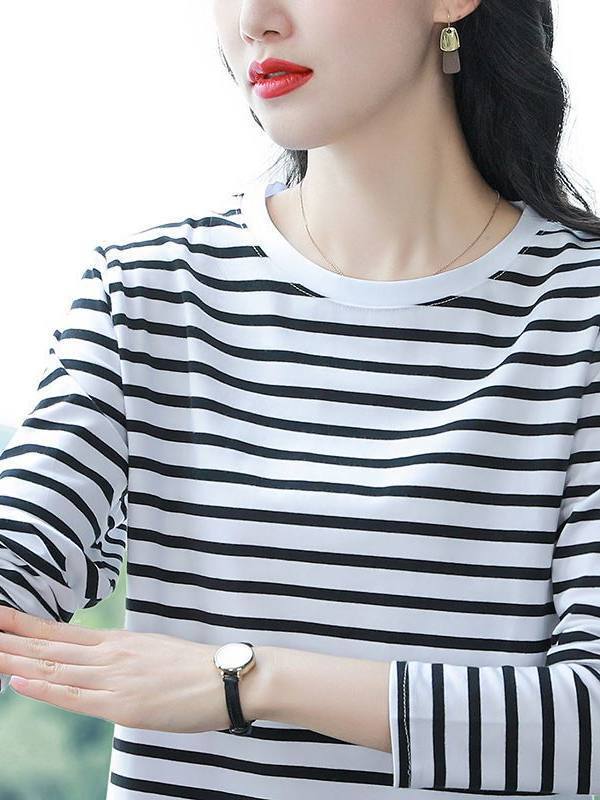 Spring 2026 New Cotton Long-Sleeve T-Shirt for Women, Thin Striped Top, Loose-Fitting Autumn Shirt, Body-Covering Base Shirt Spring 2026 New Cotton Long-Sleeve T-Shirt for Women, Thin Striped Top, Loose-Fitting Autumn Shirt, Body-Covering Base Shirt