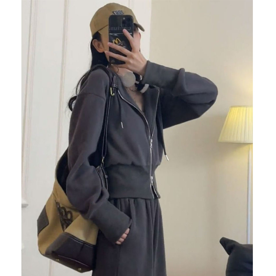 European Sports Suit for Women Spring & Fall 2024 New Korean Style Loose Design Double Zipper Sweatshirt Two-Piece Set Slimming Look