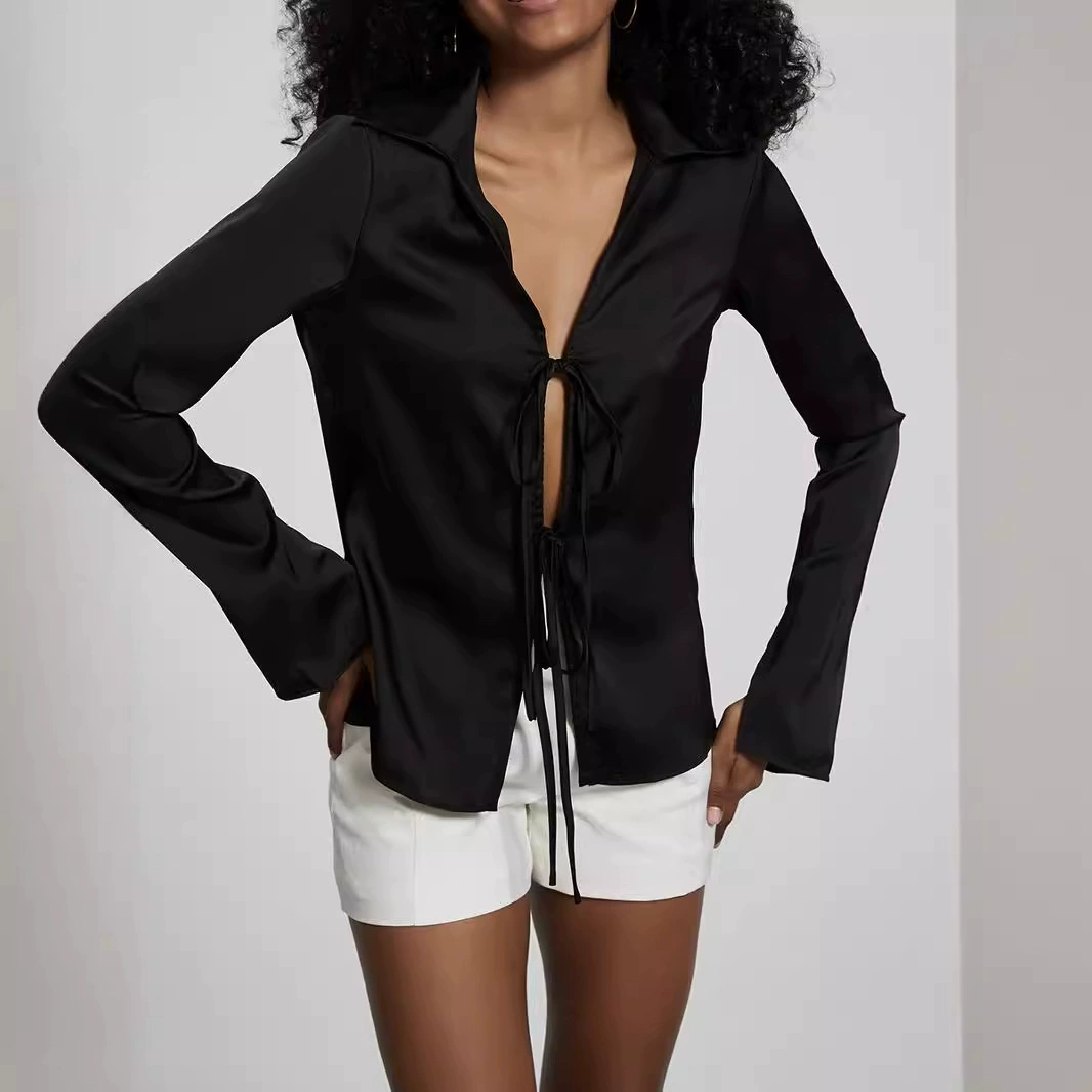 Трансграничная женская одежда оптом. Рубашки из шелка и атласа в европейском и американском стиле, универсальные драпированные рубашки и топы на шнуровке.