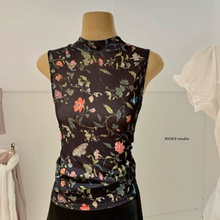 WGWE夏季韩系复古风碎花百搭修身显瘦外穿半高领无袖背心女W10125