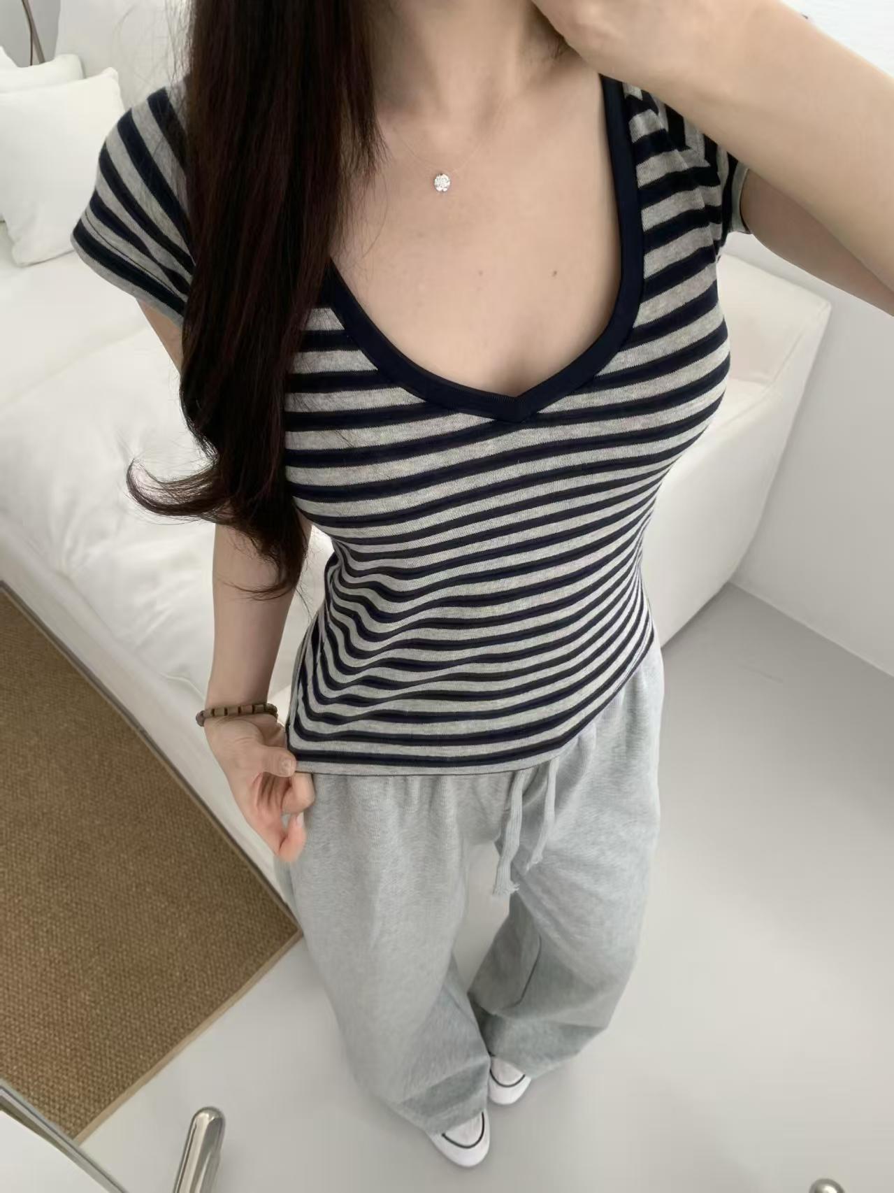 Pink Striped V-Neck Slim-Fit Short-Sleeve T-Shirt for Women, Summer, Very Stylish Korean Design with Small Flutter Sleeves
