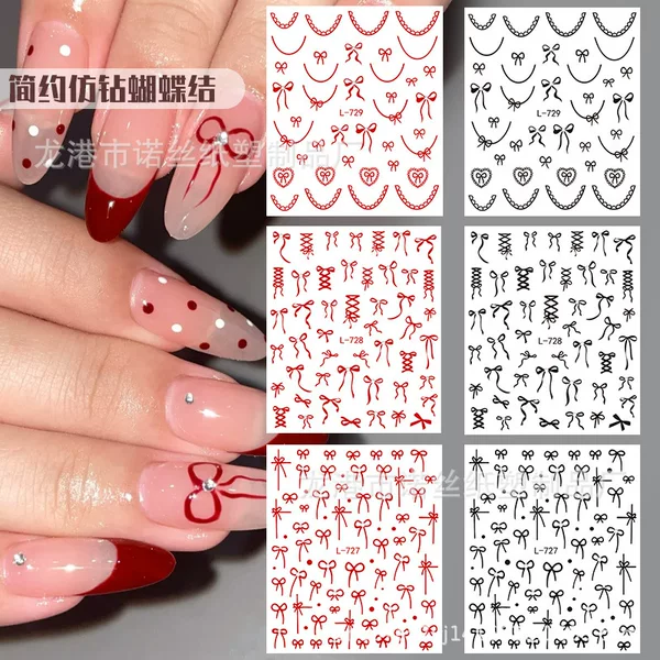 New Trendy Internet-Famous Nail Stickers, Popular Bow-Shaped Rhinestone Nail Patches with Adhesive Backing, Ultra-Thin Red and Pink