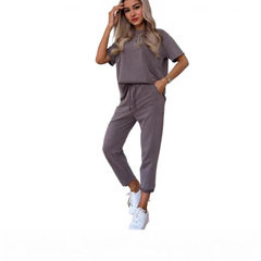 2025 ヨーロッパとアメリカの国境を越えた AliExpress 外国貿易新しい女性の無地半袖 9 点パンツカジュアル 2 点セットファッションスーツ