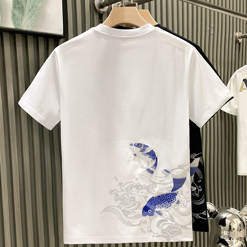 Summer 2024 New National Trend Water Embroidered Short-sleeved T-shirt Men's Chinoiserie Koi Trendyy Versatile Bottoming Shirt Summer 2024 New National Trend Water Embroidered Short-sleeved T-shirt Men's Chinoiserie Koi Trendyy Versatile Bottoming Shirt