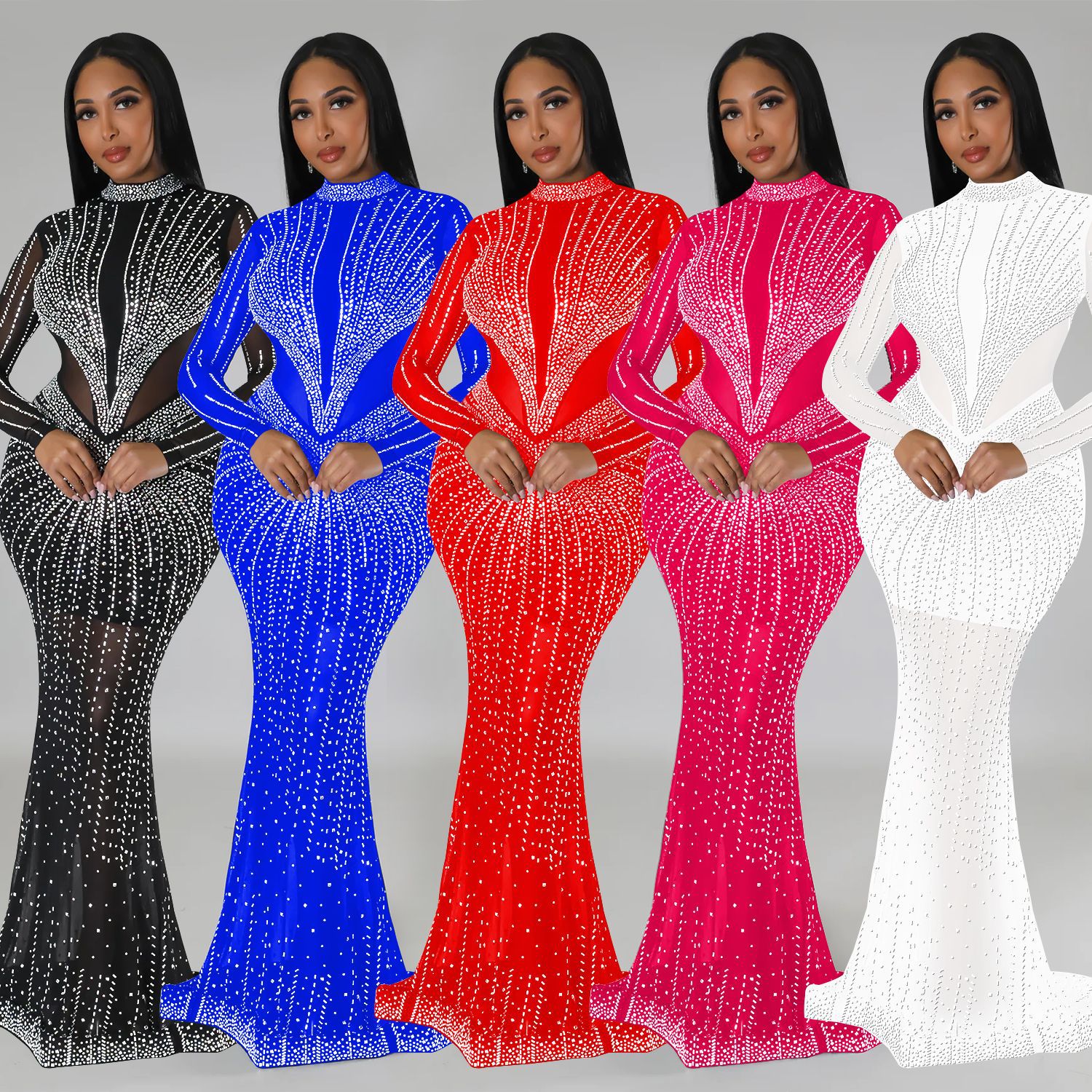 C6369 transfronteriza AliExpress Amazon Europa y América de las mujeres de moda de color sólido de malla Vestido de manga rhinestone vestido