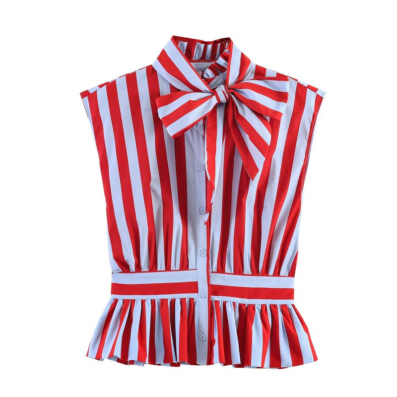 Za Foreign Trade Wholesale European and American Style Women's Clothing French Style Versatile Bow Decorated Striped Sleeveless Shirt 3091320
