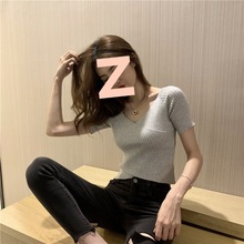 短袖2025年夏季女装修身短款高腰露脐V领紧身性感冰丝针织衫上衣