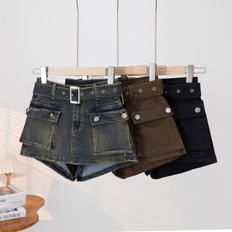 Trendy 2026 Summer New Retro American-Style Large Pocket Belt Skirt Shorts Denim Shorts Fashion