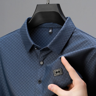 Cross-Border 2025 Summer New Short-Sleeved T-Shirt Men's Pure Color Middle-Aged Collared Polo Shirt Ice Silk Men's T-Shirt Dropshipping